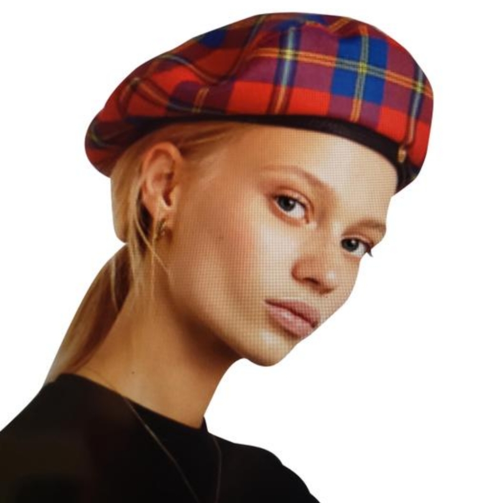 --SOLD--VERSACE Red Tartan Beret Size 58